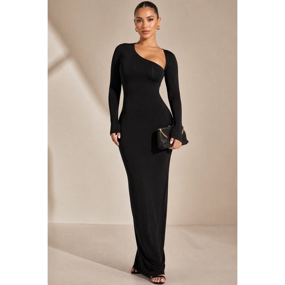 Micas Black Asymmetrical Neck Maxi Dress with Slit Elegant Bodycon‎ Party Dress